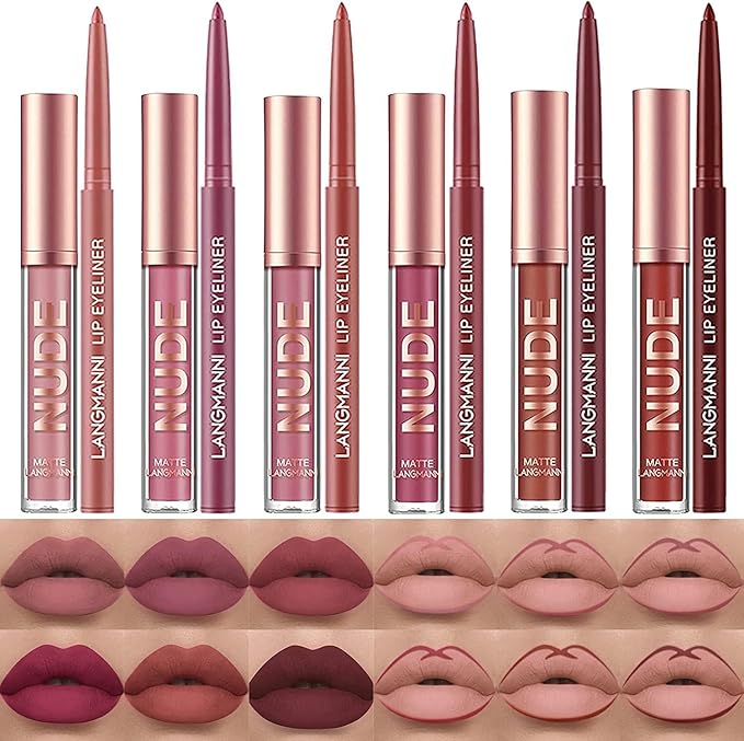 LANGMANNI 6 Matte Lipstick with 6 Lipliners Durable Makeup Set,Long-Lasting Non-Stick Cup Not Fade Waterproof Pigmented Velvet Lipgloss Kit Beauty Cosmetics Makeup Gift for Girls (#A)