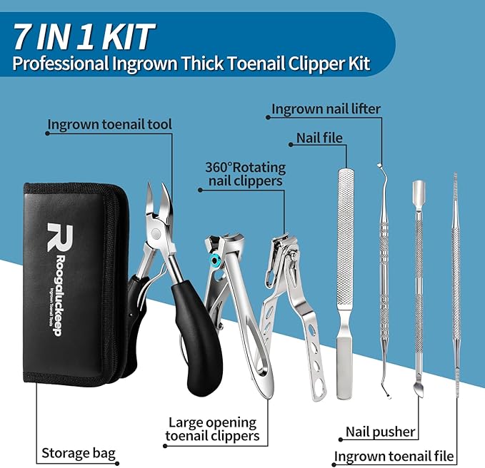 Professional Ingrown Toenail Tools 7-Piece Set – 360° Rotating Nail Clipper, Toenail Lifter & Wide Opening Nipper | Podiatrist-Recommended Foot Care Kit for Thick & Ingrown Nails