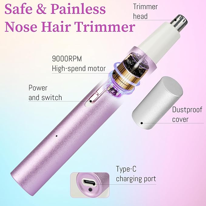 2025 Rechargeable Nose & Ear Hair Trimmer, Dual-Edge Blade Electric Clipper for Women Men, Facial & Eyebrow Hair Removal Tool, Powerful Motor, Painless, Easy to Clean (Purple)