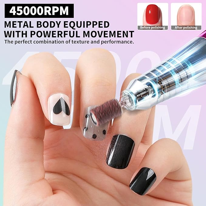 ANRLO Professional Electric Nail Drill, 45000 RPM Cordless Rechargeable E-File Machine, with 12 Bits, Sanding Bands, LCD Display for Acrylic Gel Nails (DMJTZ-708-Green-US)