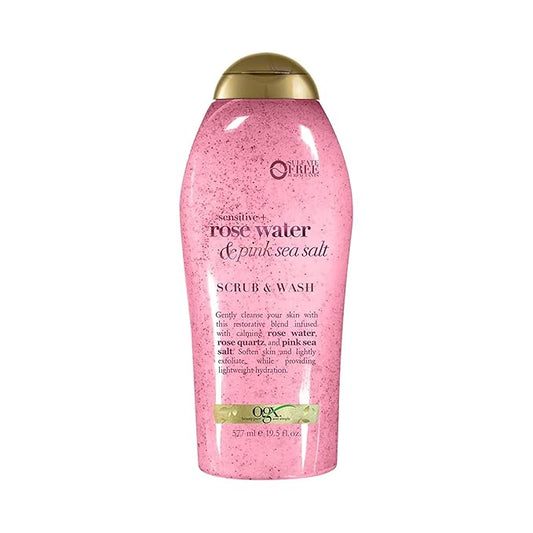 OGX Sensitive + Rose Water & Pink Sea Salt Exfoliating Body Scrub + Rose Quartz, Gentle Exfoliating Daily Body Wash Softens Skin, Body Scrub for Women, Sulfate-Free Surfactants, 19.5 fl oz