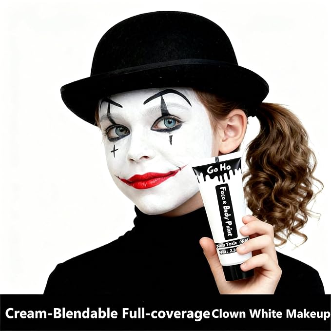 Go Ho Professional Clown White Face Body Paint Washable(2.37oz/pc),Water Based Cream White Body Paint,Halloween Costumes Cosplay SFX Goth Skeleton Zombie Vampire Clown Makeup