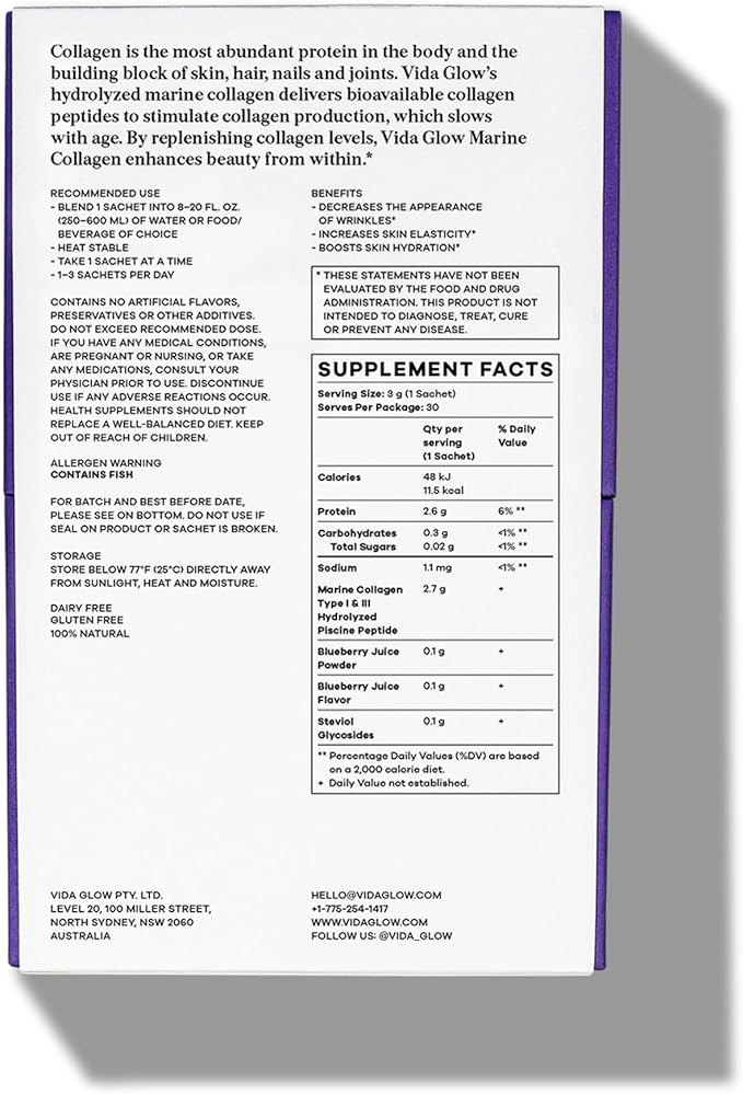 Vida Glow Marine Collagen Powder - Anti Aging Supplement with Collagen Peptides, Promotes Glowing Skin, Strong Nails, Healthy Hair | 30 Servings, Original Flavor (One Size, Blueberry)