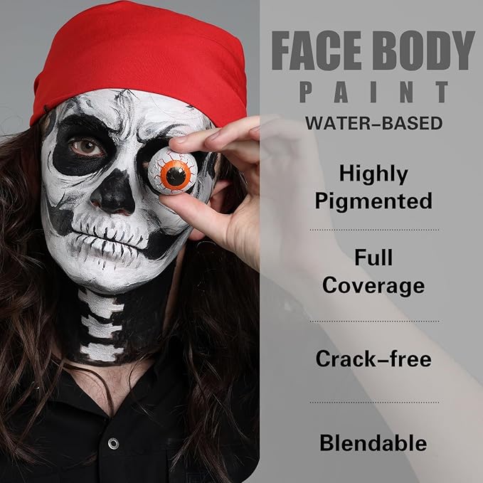 BOBISUKA Black and White Face Body Paint Kit, Water Based Face Painting for Halloween Clown Skeleton Joker Zombie Mime Sugar Skull Makeup for Women Adults, Non-Toxic Washable
