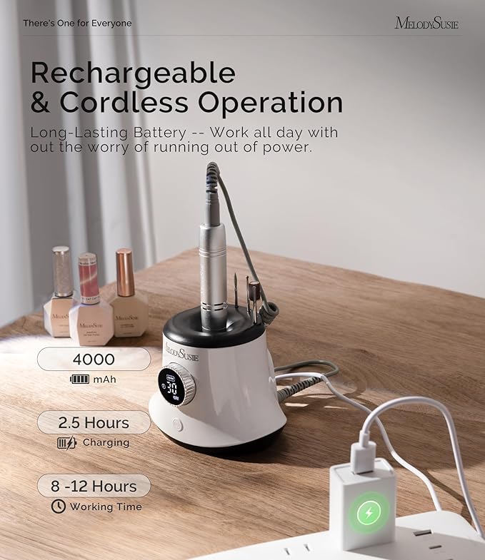 MelodySusie Multifunctional Upgraded Desktop Cordless Nail Drill with Bit Holders, SC320G 30000RPM E-File with Elegant Design for All Manicure Shaping & Gel Removal, Ideal for Nail Artists & Home Use