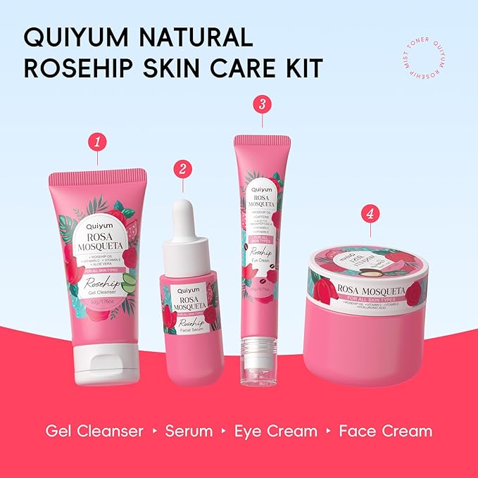 Rosehip & Vit-E Skin Care Sets for Women, Nourishes, Resists Oxidation, Promotes Collagen Production, Refine Skin Texture, Enhances Skin Elasticity, Skincare Gift Sets, for Dry Skin Type, 4PCS