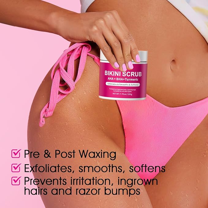 Bikini Area Exfoliator with 10% AHA+BHA & Turmeric, Ingrown Hair & Razor Bumps for Bikini Underarm Area, Skin Moisturizing, Smoothing, Even Skin Tone Exfoliating Body Scrub with Walnut Shell Powder