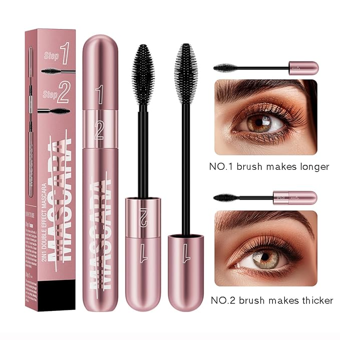2Pcs 2 Step Lengthening & Volumizing Tubing Mascara, Smudge-Proof, Clump-Free, 2 in 1 Black Mascara For Natural Lengthening And Thickening Effect
