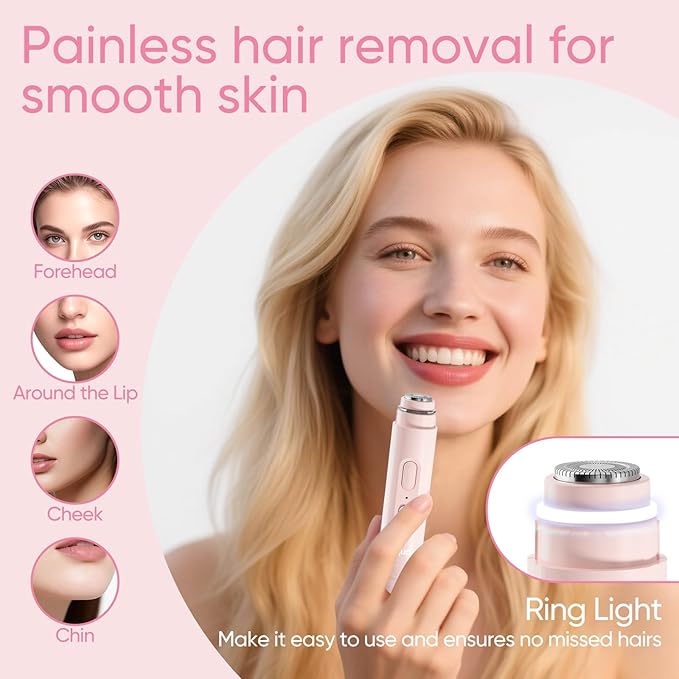 Vankoo Facial Hair Remover & Eyebrow Trimmer - 2 in 1 Eyebrow & Face Shaver for Women - Rechargeable Face Razors for Women with Built-in LED Lights - Painless Hair Removal for Flawless Skin & Makeup