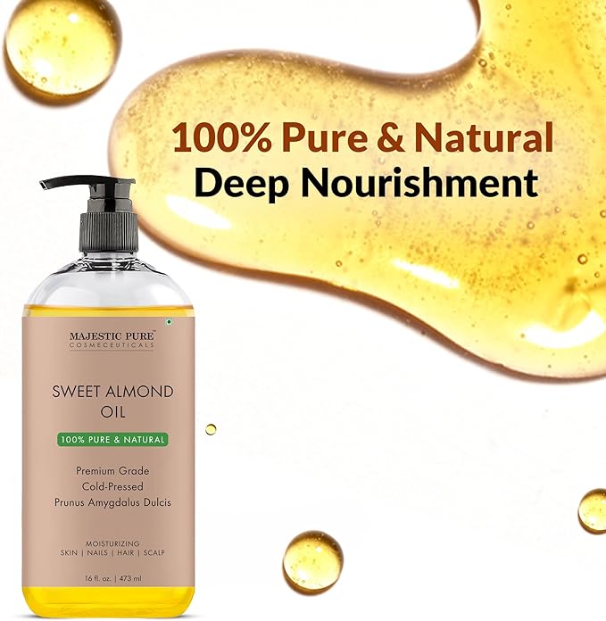 MAJESTIC PURE Sweet Almond Oil, Triple A Grade Quality, Pure and Natural from Spain, Cold Pressed, (Packaging May Vary) - 16 fl. Oz