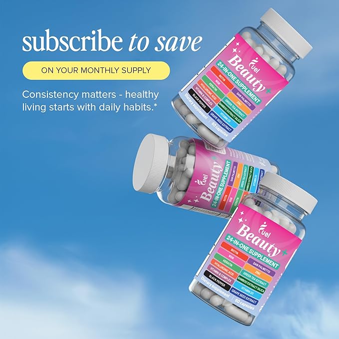 Fuel Beauty+ 24-in-1 Hair, Skin & Nails Vitamins for Women – 5000mcg Biotin, Hyaluronic Acid & Saw Palmetto – Daily Multivitamin for Hair Growth, Nail Strength & Skin Glow – 60 Capsules