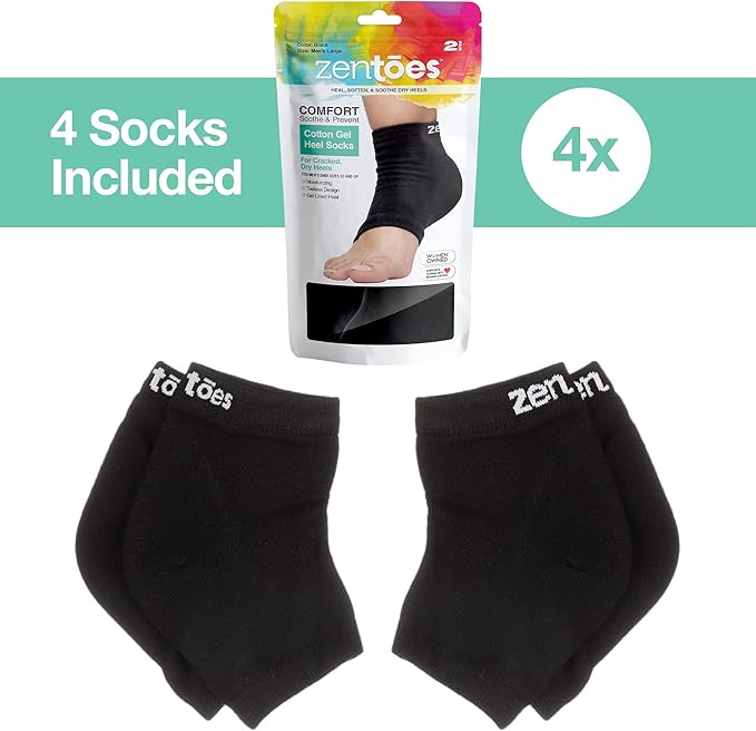 ZenToes Moisturizing Socks for Cracked Heel Treatment, Vitamin E, Olive Oil and Jojoba Oil Infused Heel Socks, Galentines Day Gifts, Self Care Gifts for Women (Cotton Black, Wide Width)