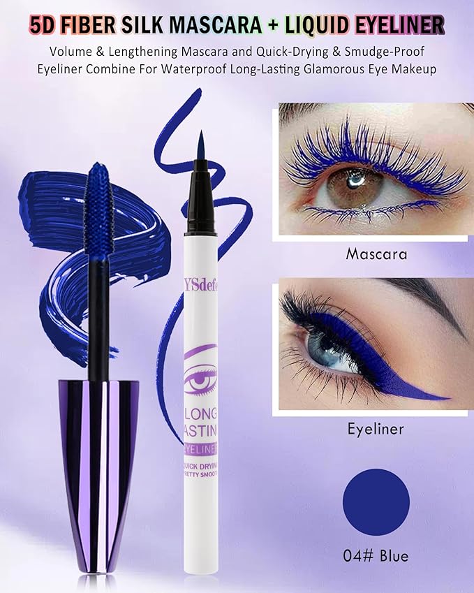 Blue Mascara Liquid Eyeliner Set,5D Waterproof Silk Fiber Colored Mascara Volume and Length,Longlasting Smudgeproof Color Eye Liner Pen,Christmas Colorful Eye Makeup Gift Kit for Women Girl-04