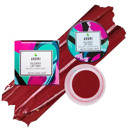 Aromi Glossy Lip Tint in Pot – Shimmery, Hydrating Lip Gloss Color, Metallic, Dark Red Maroon Shade, Vegan & Cruelty-free, Moisturizing, Non-Sticky Formula (Royal Red)