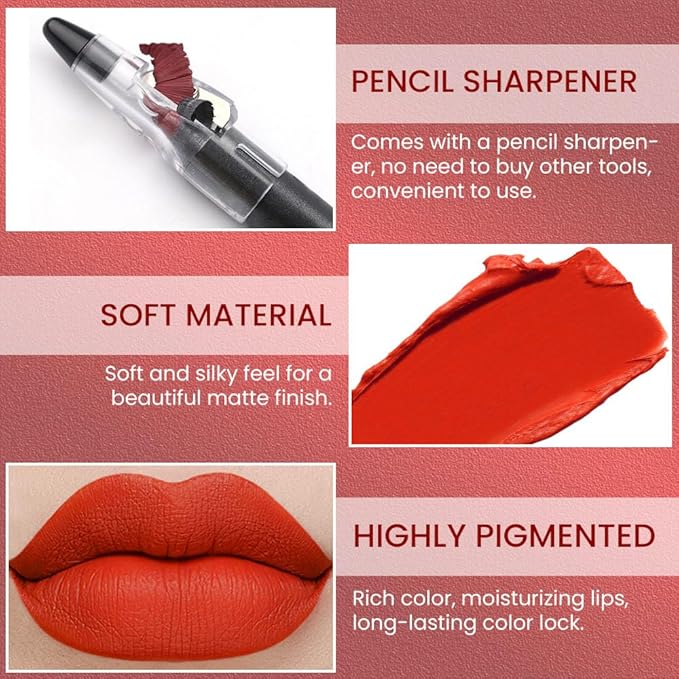 Charm Orange Matte Lip Liner Crayon with Sharpener - Waterproof Smudgeproof Long-Wear Lip Pencil, Creamy Pigmented Lip Crayon for Women, 12HR Stay Silky Velvet Lip Liner 05#