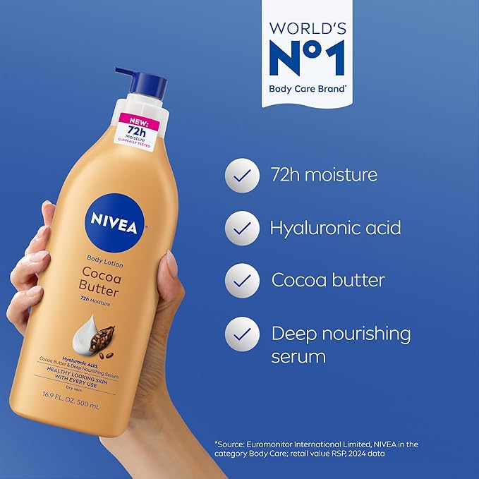 NIVEA Cocoa Butter Body Lotion for Dry Skin with Hyaluronic Acid, Cocoa Butter and Deep Nourishing Serum, 72-Hour Body Moisturizer, 16.9 Fl Oz Pump Bottle