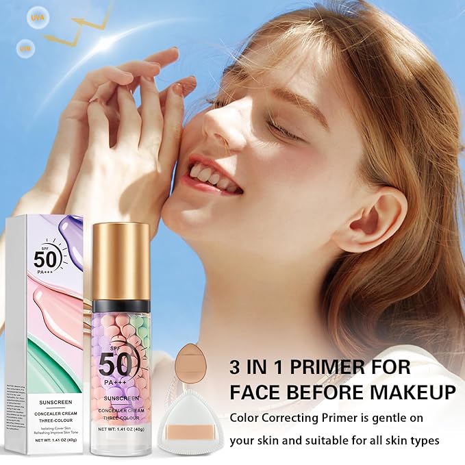 2PCS Color Correcting Primer Face Makeup with Powder Puff,Face Primer with SPF 50,Oil Control Primer Makeup,Hydrates and Moisturizes,Radiance Skin,Protector Solar Para La Cara Con Color