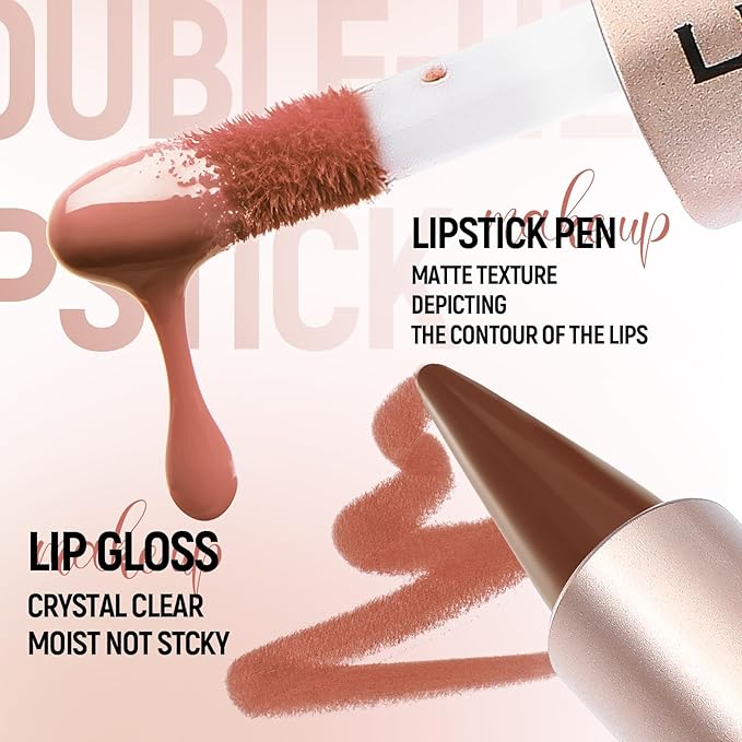 2-in-1 Double-Ended Matte Lip Liner & Lip Gloss Duo, Cool Nude Brown Ombre Lip Combo Pencil, Lip Liner and Lipstick Gloss Set for Defined & Fuller Looking Lips, #01 Cool Nude Brown