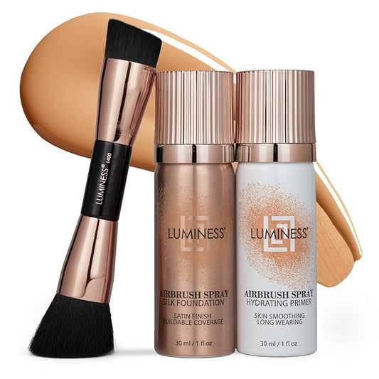 LUMINESS Silk Airbrush Spray Foundation 3-PC Kit - Foundation, Primer & Dual-Sided Angled Makeup Brush - Buildable Coverage, Anti-Aging Formula, Humidity Resistant, Hydrates & Moisturizes, Medium