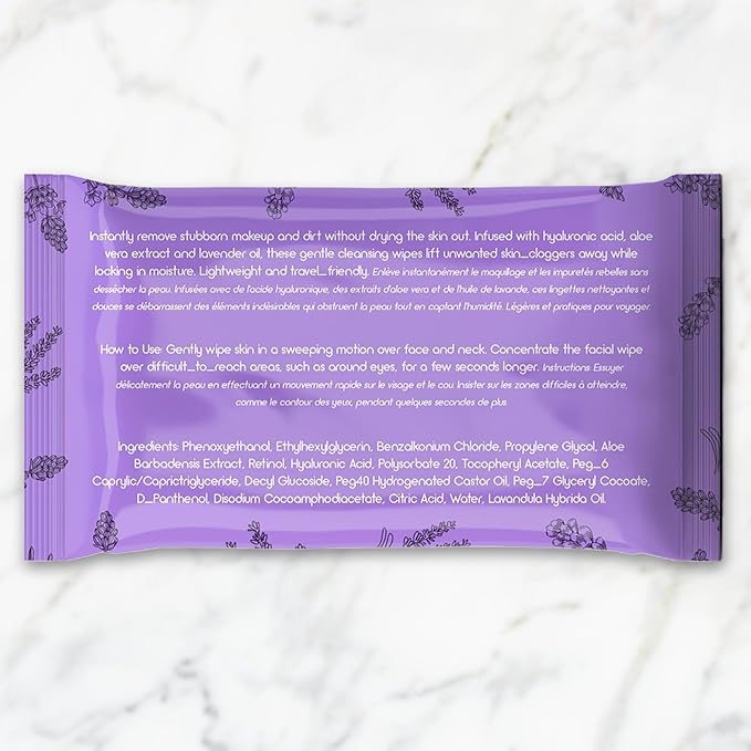 BeautyFrizz Lavender Face Wipes - 120 pcs - Gentle Makeup Remover Wipes for Women - Facial Cleansing Wipe with Aloe, Castor, Vitamin A and E - Extra Soft - Moisturizing