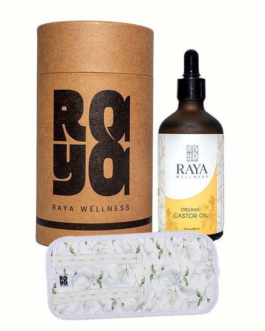 RAYA WELLNESS - USDA Organic Castor Oil with Organic Cotton Knee Pack - Glass Bottle - 3.4 fl oz (100 ml)