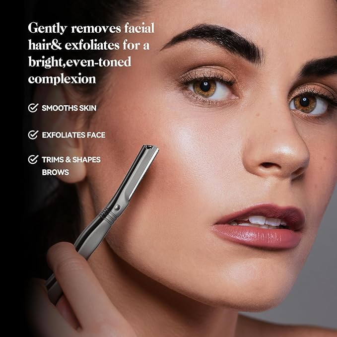 EROWZOLA Eyebrow Razor for Women and Men, Face Razors for Women, Dermaplane Razor with Protective Silicone Cover, Reusable Metal Handle with 6 Refill Blades, Skin Care Tool - Matte Black