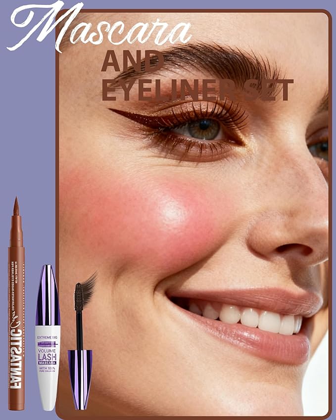 Waterproof Brown Mascara&Liquid Eyeliner Pen Set,Volumizing Colored 5D Fiber Mascara for Eyelash Volume and Length Máscara,Longlasting Smudgeproof Matte Color Eye Liner Pencil Women Party Stage Use