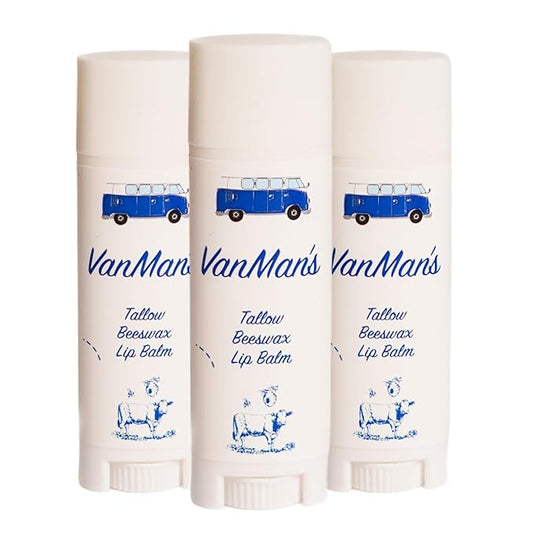 VanMan Beeswax Lip Balm Tube – Organic Tallow Balm with Grass-Fed and Finished Suet Beef Tallow, Sweet Almond Oil, and Lanolin – Hydrating Lip Moisturizer – Unscented – 3 Tube Pack
