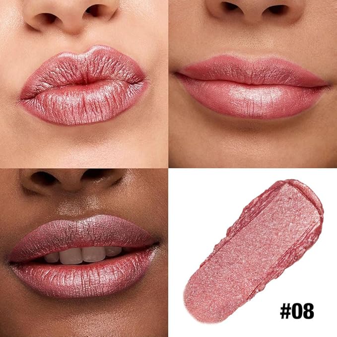 Champagne Shimmer Metallic Moisturizing Glow Plumping Lipstick Makeup, Lipstick with Metallic 3D Shine Lightweight Hydrating Formula, Glitter Lip Gloss Stain Long Lasting Waterproof (08#Champagne)