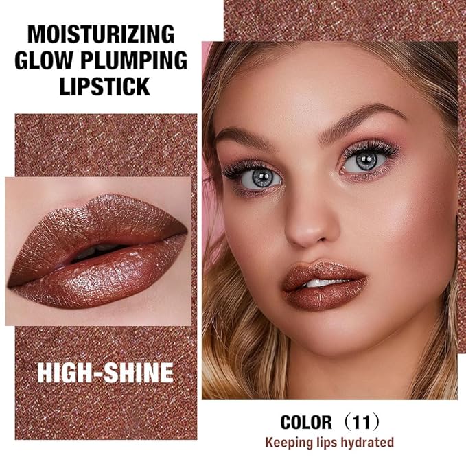 Dark Brown Shimmer Metallic Moisturizing Glow Plumping Lipstick Makeup, Lipstick with Metallic 3D Shine Lightweight Hydrating Formula, Glitter Lip Gloss Stain Long Lasting Waterproof (11#Dark Brown)