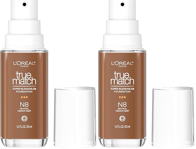 L'Oreal Paris True Match Super-Blendable Foundation, Medium Coverage Liquid Foundation Makeup, N8, Medium Deep, 1 Fl Oz (Pack of 2)