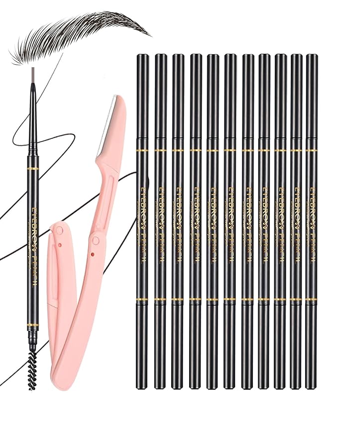 SUMEITANG Black Eyebrow Pencils for Women, 12Pcs Ultra Slim Eyebrow Pencil with 2 Brow Razors Kit, Double Head 1.5mm Micro-Fine Tip & Spiral Brush, Can Draw Fine and Long-Lasting Brows Makeup