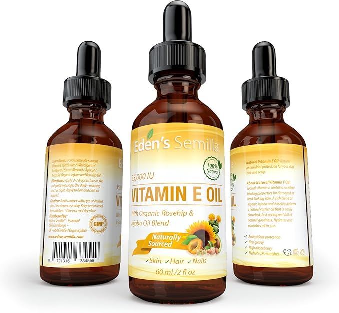 100% Plant Extract Vitamin E Oil 35,000 IU + Organic Rosehip & Jojoba Blend - Fast Absorbing Skin Protection for Face & Body. Pure Ingredients - Ideal for Sensitive Skin - Use Daily
