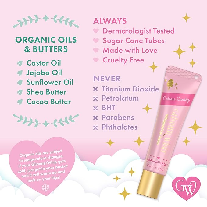 Glimmer Whip – Whipped Lip Balm Dream Set, 5-Flavor Organic Lip Butter Gift Set with Heart-Shaped Applicator, Pink Poof Charm, Dermatologist Tested, Hydrating Organic Oils & Butters, Cruelty-Free