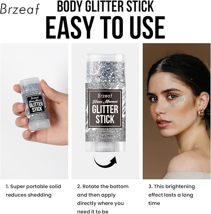 Brzeaf Christmas Body Glitter Stick, Waterproof & Long Lasting, Hair Eyeshadow Face Body Glitter, Singer Concert Music Rave Festival, Glitter Stick Makeup & Face Glitter Gel