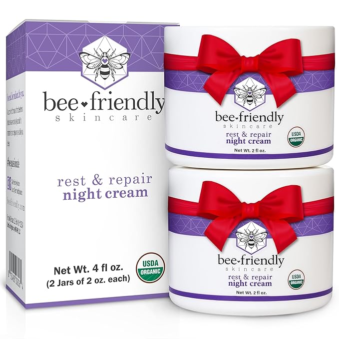 BeeFriendly Organic Night Cream, USDA Certified Organic, Deep Hydrating & Moisturizing Night Time Eye, Face, Neck & Decollete Cream for Women and Men, Anti Aging, Anti Wrinkle 4 oz - 2 Pack