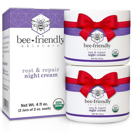 BeeFriendly Organic Night Cream, USDA Certified Organic, Deep Hydrating & Moisturizing Night Time Eye, Face, Neck & Decollete Cream for Women and Men, Anti Aging, Anti Wrinkle 4 oz - 2 Pack