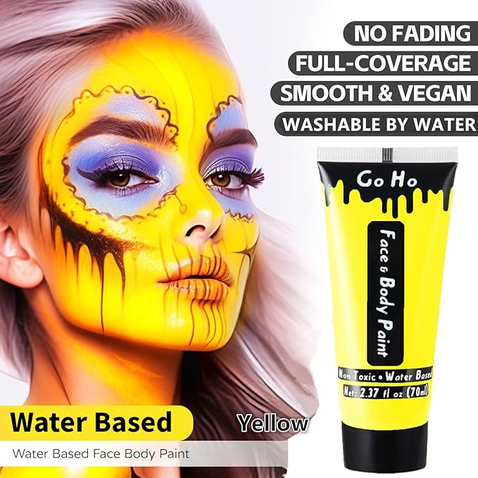 Go Ho Yellow Face Body Paint Washable(2.37oz/pc),Water Based Cream Full Yellow Body Paint for Monster Minions Lion Tiger SFX Cosplay Costumes Festivals Halloween Makeup