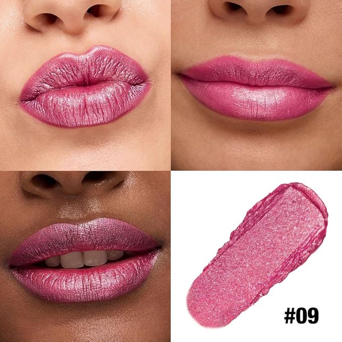 Pink Shimmer Metallic Moisturizing Glow Plumping Lipstick Makeup, Lipstick with Metallic 3D Shine Lightweight Hydrating Formula, Glitter Lip Gloss Stain Long Lasting Waterproof Smudge Proof (09#Pink)