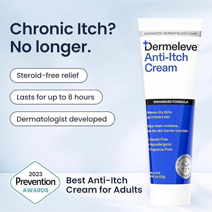 Dermeleve Steroid Free Anti-Itch Cream | Extra Strength for Psoriasis, Seborrheic Dermatitis, Viral Rash, Bug Bites, Allergy, Chronic Hives, Neuropathy (Nerve) | Full Body Itch Relief | 2 oz (3 Pack)