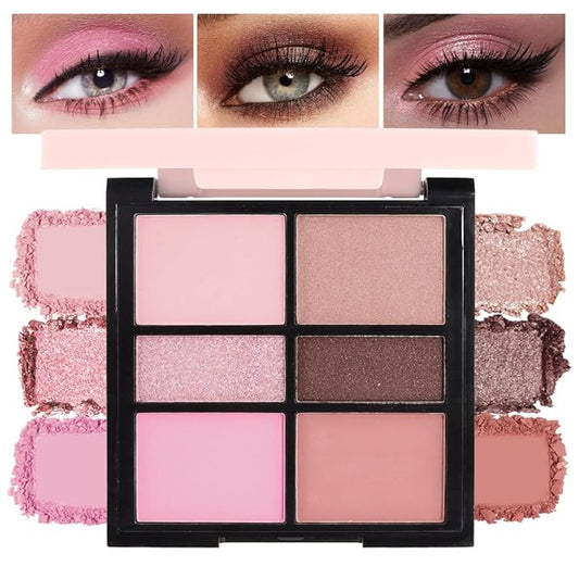 6 Colors Mini Naked Eyeshadow Makeup Palette, Neutral Nude Eye Shadow, Pink&Purple& Brown Matte Make Up Pallet with Mirror Highly Pigmented Long Lasting Waterproof Travel Size Gift Kit (Pink)