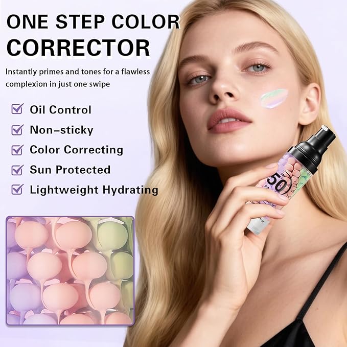2PCS Color Correcting Primer Face Makeup with Powder Puff,Face Primer with SPF 50,Oil Control Primer Makeup,Hydrates and Moisturizes,Radiance Skin,Protector Solar Para La Cara Con Color