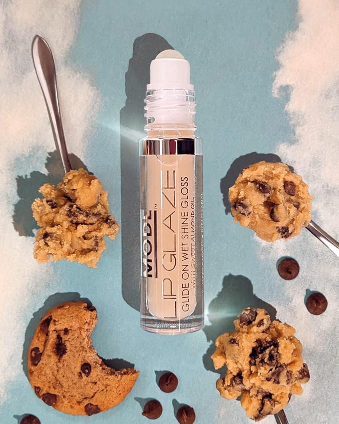 MODE Lip Glaze Flavored Lip Gloss Yummy COOKIE DOUGH Delicious Flavor, Roll On Sweet Wet Nourishing Shine, Hydrating Moisturizing Natural Skincare Fruit Oils, Made in NY USA