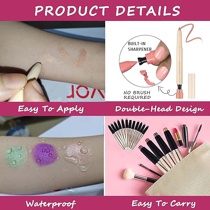 Rose Gold Eyeshadow Pencil Makeup, Waterproof Hypoallergenic Long Lasting Crayon, Highlighter Matte Cream Eye Shadow Stick, Glitter Primer Palette Shimmer Eyeliner Pen