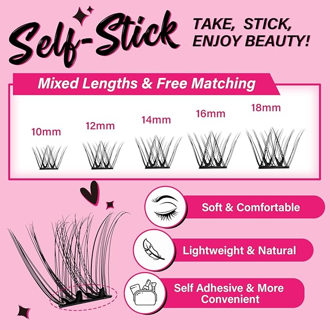 Self Adhesive Eyelashes 48Pcs Lash Clusters Press On Lashes Self Stick Cluster Lashes Pre Glued Eyelash Clusters No Glue No Remover Needed Easy to Apply Save Time (Begonia,D-10-18mix)