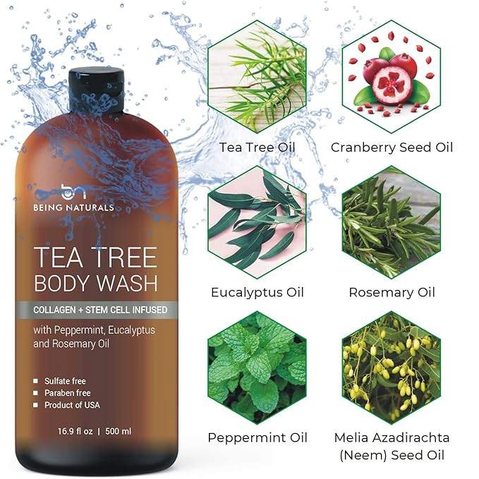 Body Wash with Tea Tree & Organic Tea Tree Oil - Fights Odor, Acne & Skin Issues, 16.9 oz by BeingNaturals