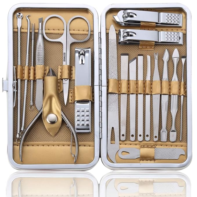 Manicure Set Pedicure Kit Professional 19 Pcs Nail Clipper for Men & Women Stainless Steel Sharp Cutter Grooming Nose Hair Scissors…Black Fingernails & Toenails with Portable Case (Wine red_19 pieces)