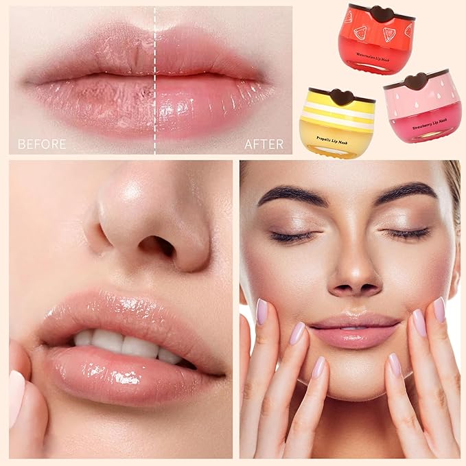 3 PCS Bee Lip Balm Lip Mask Honey Pot, Honey & Strawberry & Watermelon Lip Sleeping Mask Overnight Moisturizing Honey Lip Balm, Hydrating Prevention Dry & Cracked Lip Scrubs Lip Care