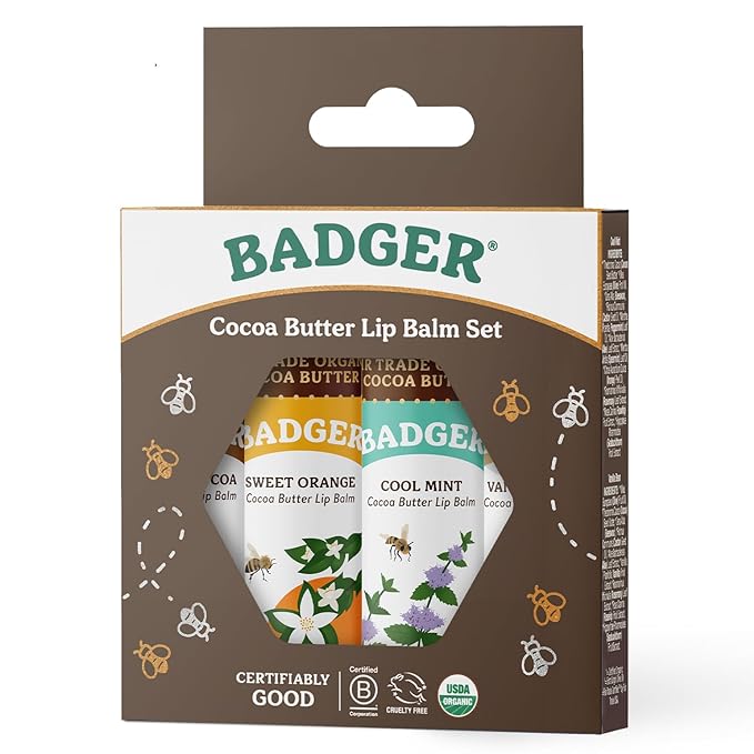 Badger Cocoa Butter Lip Balm Set, 100% Organic, Long Lasting Lip Moisturizers, Lip Care Variety Pack (Cocoa, Orange, Mint & Vanilla), All Natural Lip Balms, 4-pack