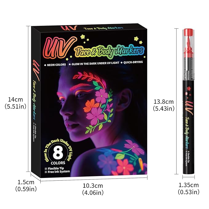 Glow in the Dark Body Paint,Halloween Makeup Kit,Neon Face Painting Markers Pen for Skin Glow Under Black Light, Washable UV Temporary Tattoo Pens for Glow Party Supplies (16 color)